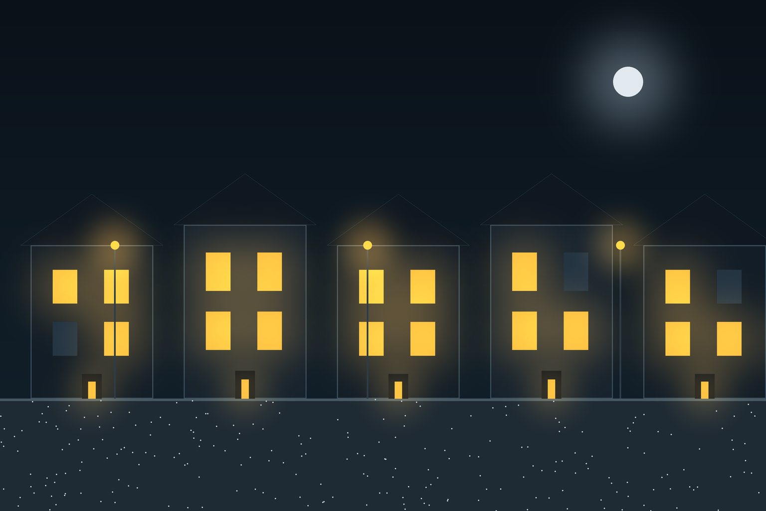 A Cleveland street of century homes at dusk, porch lights on under a winter sky